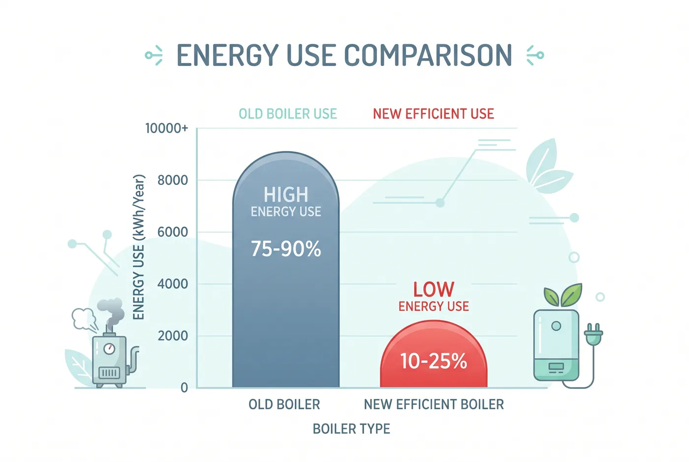Bar chart comparing energy use of an old boiler versus a new efficient boiler