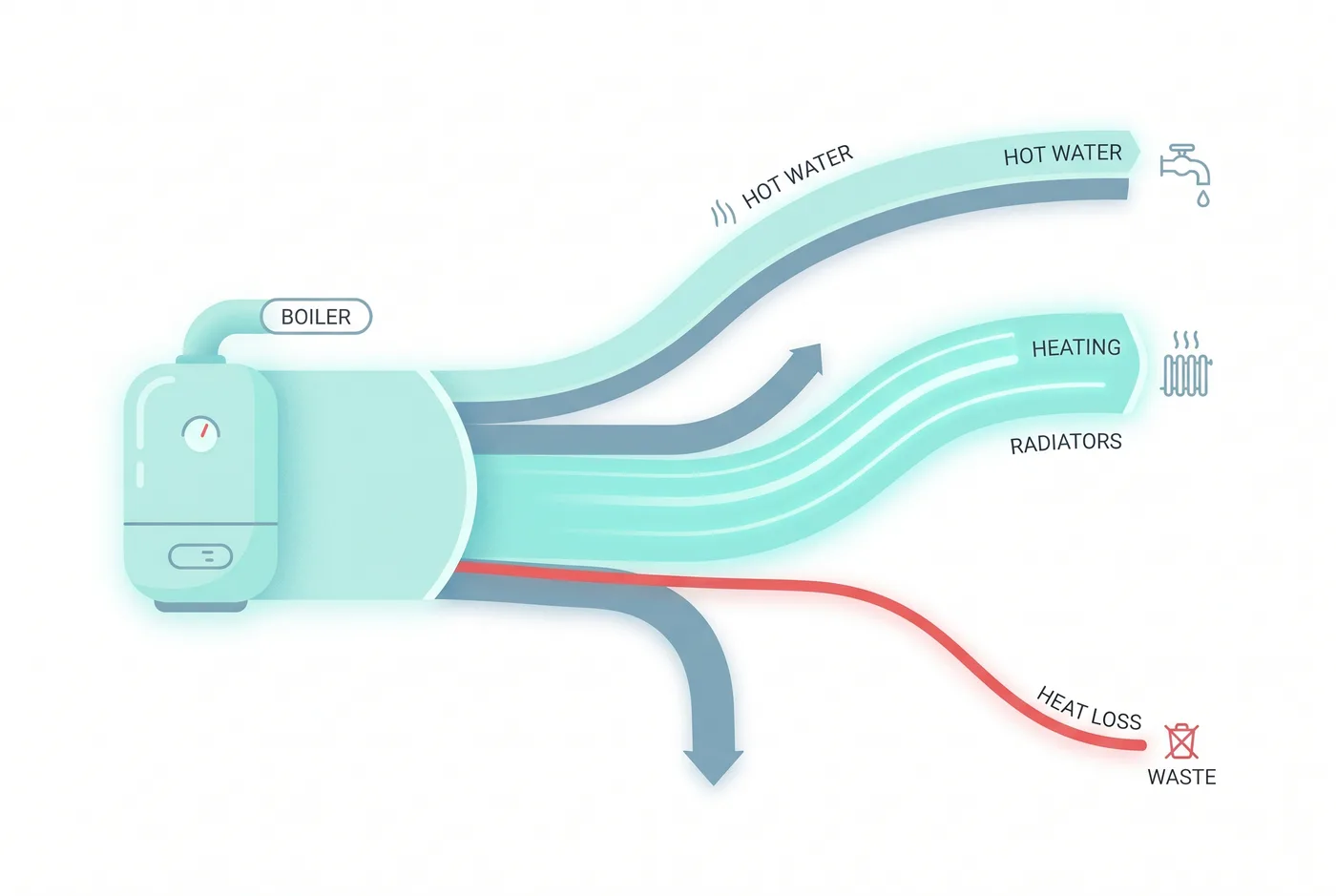 Diagram showing where heat goes in a typical home heating system